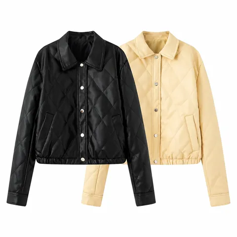 Dames Casual PU Leer Korte Gewatteerde Jas Mode Revers Lange Mouw Winter Puffer Jas Casual Pendelaar Bovenkleding