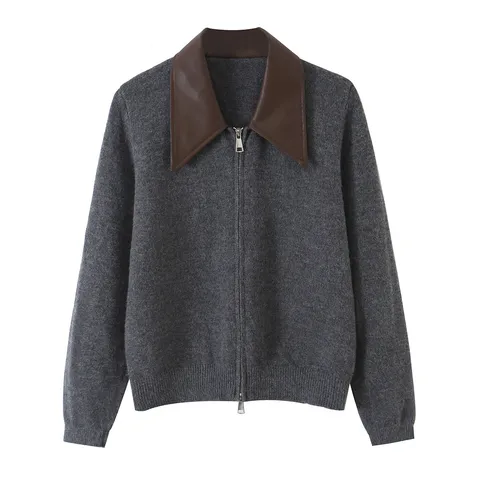 Women's Casual Solid Color Contrast Leather Collar Long Sleeve Zip Up Knitted Cardigan Sweater Fashion Commuter Outerwear