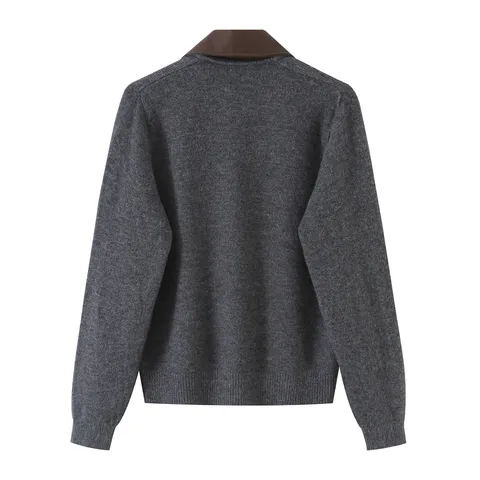 Women's Casual Solid Color Contrast Leather Collar Long Sleeve Zip Up Knitted Cardigan Sweater Fashion Commuter Outerwear