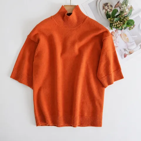 Damen Casual Mode Einffarbig Stehkragen Kurzarm Knit Pullover Top Regular Fit Polyester Pullover Alltäglich