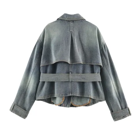 Dames Casual Denim Jas Korte Mode Revers Lange Mouw Mantel Met Riem Enkelbreasted Bovenkleding