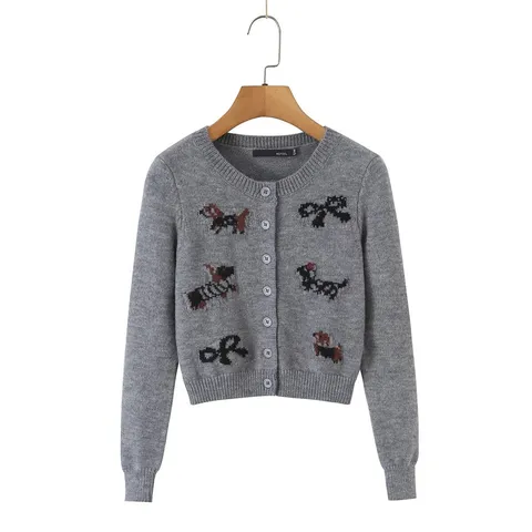 Women Casual Knit Cardigan Vest Pleated Skirt Three Piece Set Gray Long Sleeve Cardigan Bowknot Pattern Fashion Suit