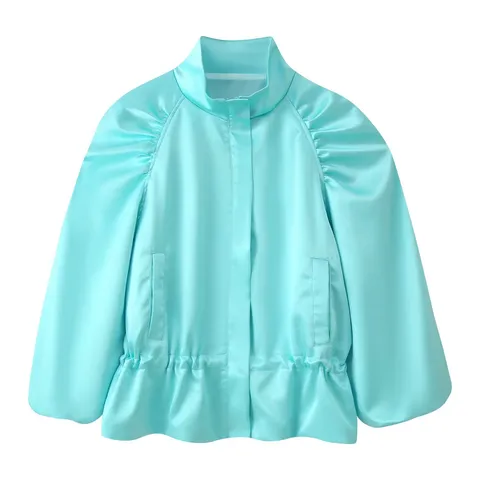 Damen Casual Stehkragen Einifarbig Gerüscht Langarm Jacke Mode Chic Reißverschluss Oberbekleidung