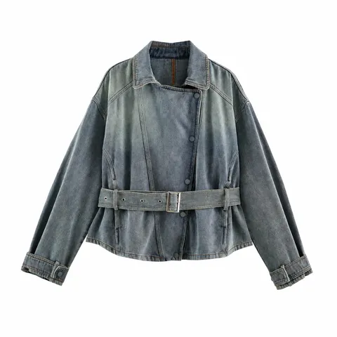 Dames Casual Denim Jas Korte Mode Revers Lange Mouw Mantel Met Riem Enkelbreasted Bovenkleding