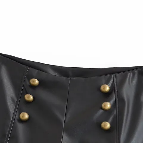 Women's Casual High Waist Straight PU Leather Shorts With Metal Buckle Black Fashion Bottoms Street Style Daily Wear