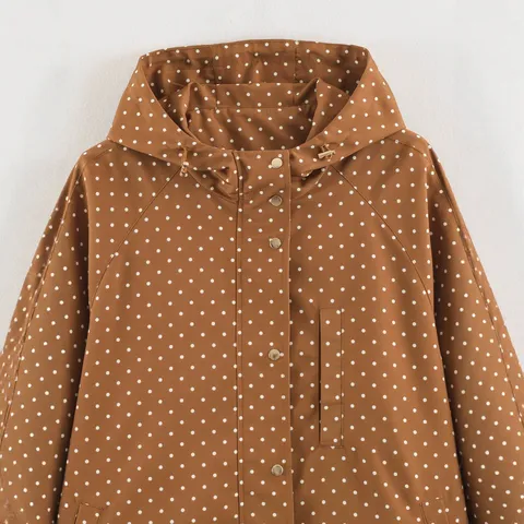 Women's Casual Polka Dot Hooded Trench Coat Long Sleeve Zip Up Loose Outerwear Fashion Commuter Windbreaker Jacket