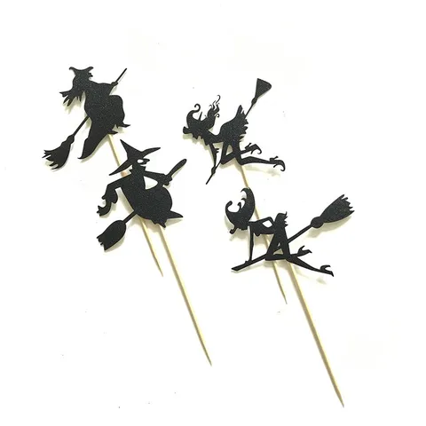 Halloween Party Cupcake Toppers Ghost Witch Silhouette Cake Decorations Paper Glitter Cake Picks For Festival Party