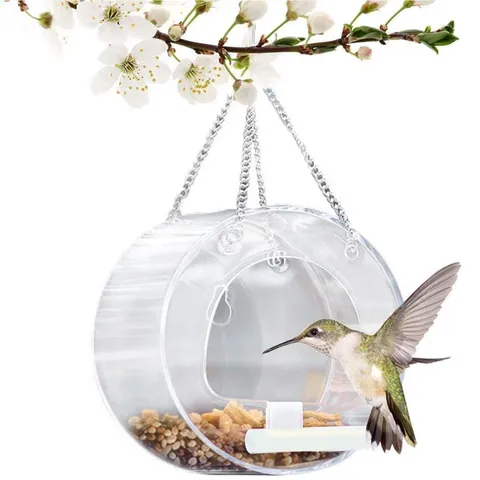Clear Acrylic Hanging Bird Feeder Transparent Round Bird House Outdoor Garden Wild Bird Feeding Station With Metal Chain