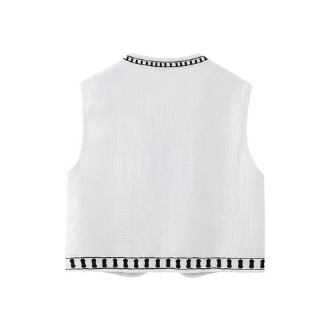 Women Fashion Embroidery Open Front Vest Casual V Neck Sleeveless Tank Top Chic Streetwear Outerwear