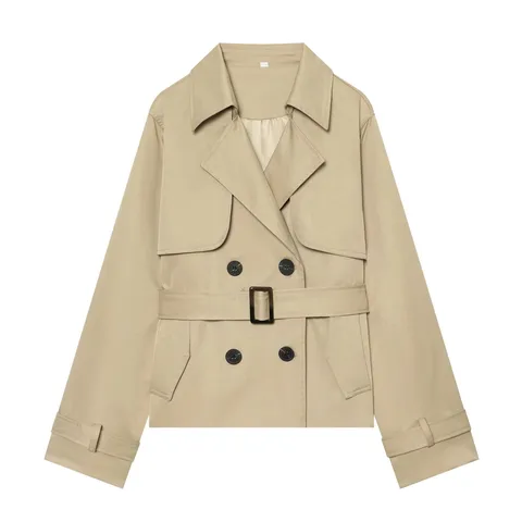 Women's Casual Short Trench Coat Double Breasted Lapel Long Sleeve Slim Fit Outerwear With Belt Solid Color Fashion Jacket
