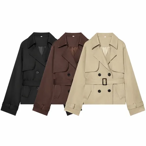 Women's Casual Short Trench Coat Double Breasted Lapel Long Sleeve Slim Fit Outerwear With Belt Solid Color Fashion Jacket