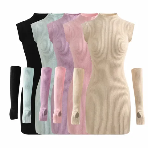 Sexy Half High Collar Bodycon Knitted Dress Women Long Sleeves Set Slim Elastic Spicy Girl Mini Dress Casual Party Outfit