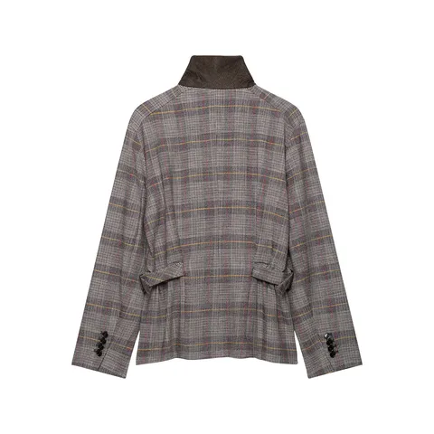 Women's Casual Plaid Blazer Double Breasted Lapel Long Sleeve Regular Fit Polyester Suit Jacket Outerwear