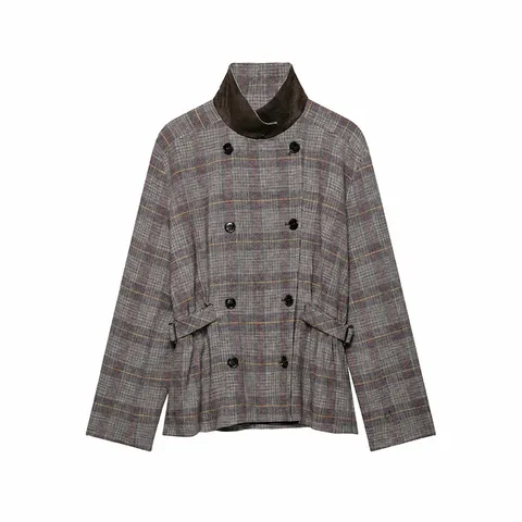 Women's Casual Plaid Blazer Double Breasted Lapel Long Sleeve Regular Fit Polyester Suit Jacket Outerwear
