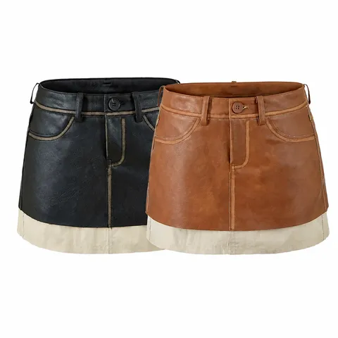Women Sexy PU Leather Colorblock Bodycon Short Skirt Vintage Waist Patchwork Mini Skirt Summer Streetwear Clubwear