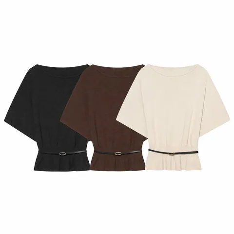 Women Casual Knitwear Solid Color Off Shoulder Half Sleeve Top With Belt Elegant Commuting Pullover Fashion Apparel