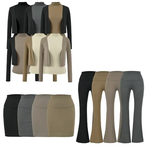 Damen Rippstrick Set Langarm Cardigan Halbhoher Ausschnitt Weste Midi Rock Flare Yoga Hose Einfarbig Streetwear Outfit