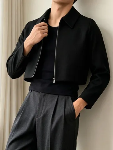Heren Casual Minimalistisch Kort Revers Jas Zwart Polyester Bovenkleding Met Tweewegrits Mode Top Voor Herfst