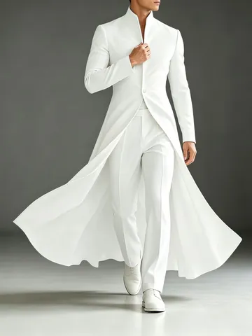 Blazer Formel Long à Col Montant pour Hommes Polyester Veste de Smoking en A Coupe Slim Couleur Unie Top de Fête Élégant