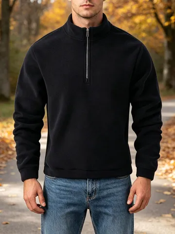 Men's Half Zip Polar Fleece Sweatshirt Thickened Warm Stand Collar Solid Color Long Sleeve Pullover Top Casual Fashion Fleece Top