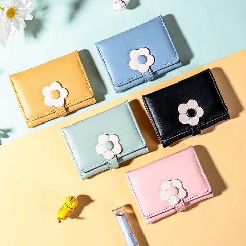 Cute Floral Buckle Women Short Wallet PU Leather Card Holder Small Trifold Purse Fashion Portable Daily Storage Wallet