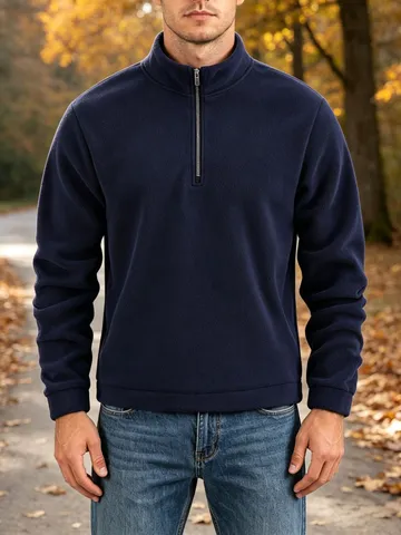 Men's Half Zip Polar Fleece Sweatshirt Thickened Warm Stand Collar Solid Color Long Sleeve Pullover Top Casual Fashion Fleece Top