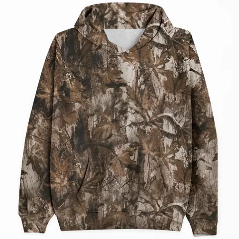Sweat à Capuche Homme Décontracté Imprimé Camouflage Feuilles 3D Pull Ample Manches Longues Avec Poche Polaire en Polyester Chaud