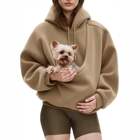 Women Oversized Polar Fleece Hoodie With Pet Carrier Pocket Solid Color Long Sleeve Warm Top For Autumn Winter