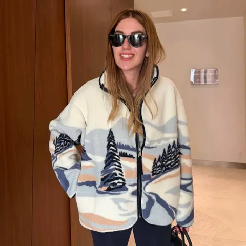 Women's Fashion Faux Lamb Wool Jacket Zip Up Printed Cardigan Loose Fit Standing Collar Outerwear Autumn Winter Warm Coat
