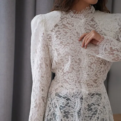 Women's Elegant Hollow Out Lace Blouse Slim Fit Solid Color Long Sleeve Top Stand Collar Autumn Fashion Shirt White Black