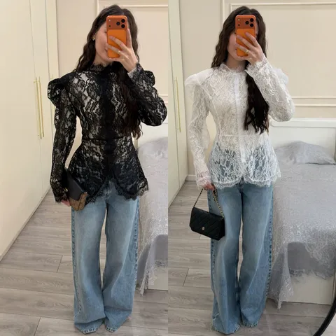 Women's Elegant Lace Slim Fit Blouse Long Sleeve Solid Color Patchwork Shirt Top For Office Lady Casual Chic Autumn Clothing