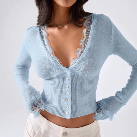Cardigan en Tricot Côtelé Élégant pour Femmes avec Col en V et Patchwork de Dentelle Couleur Unie Haut de Pull à Boutons pour Automne Hiver