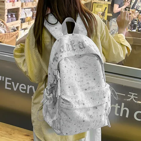 Korean Ins Star Print Backpack For Women Gothic Letter Large Capacity Nylon School Bag Sweet Travel Backpack With Pendant