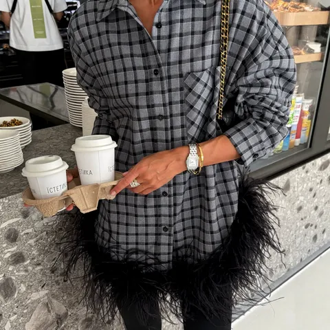 Women Elegant Plaid Long Sleeve Shirt Loose Patchwork Feather Fringe Hem Button Down Mid-Length Gingham Top Outerwear