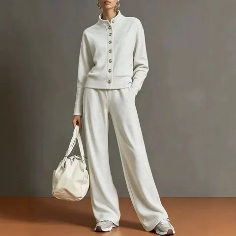 Women Solid Color Stand Collar Cardigan Sweatshirt Wide Leg Pants Top And Bottom Casual Loose Knitted Long Sleeve Lounge Wear