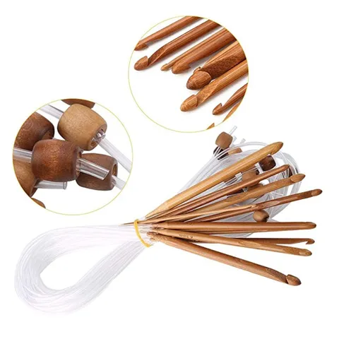 Carbonized Wood Tunisian Crochet Hooks Set With Plastic Cable And Wooden Beads For Sweaters And Blankets Weaving
