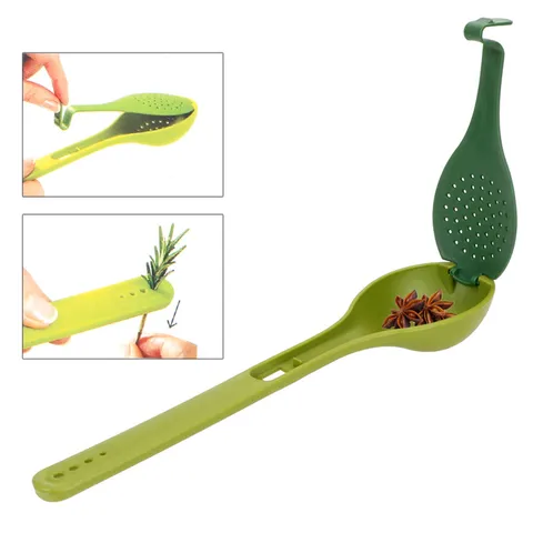 Green PP Leaf Shaped Seasoning Soup Spoon Multi-Functional Herb Strainer Filter Spoon For Kitchen Cooking Gadgets