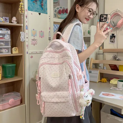Japanese Aesthetic Polka Dot School Backpack Cute Casual Travel Bookbag Lightweight Student Daypack With Pendant