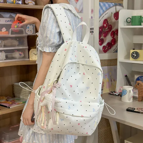 Japanese Style Nylon Backpack Cute Polka Dot Heart Bow Print School Bag Waterproof Casual Daypack For Students