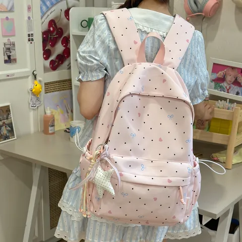 Japanese Style Nylon Backpack Cute Polka Dot Heart Bow Print School Bag Waterproof Casual Daypack For Students