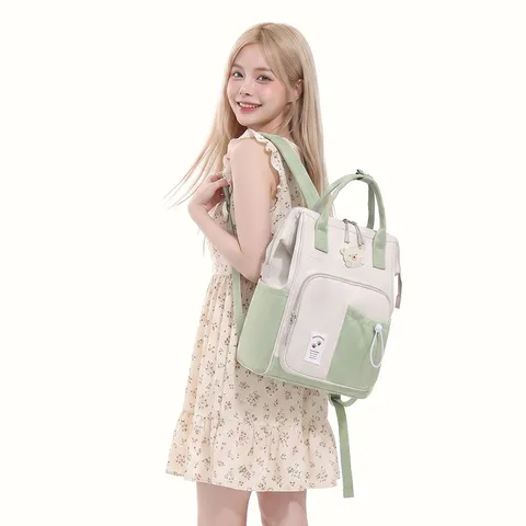 Large Capacity Diaper Bag Backpack Multi-functional Mother Baby Travel Bag Waterproof Nylon Contrast Color Bear Decoration Nursing Backpack