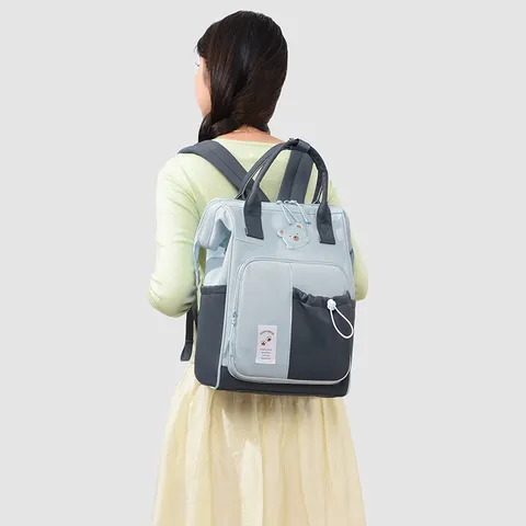 Large Capacity Diaper Bag Backpack Multi-functional Mother Baby Travel Bag Waterproof Nylon Contrast Color Bear Decoration Nursing Backpack