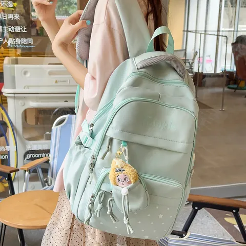 Ins Minimalist Star Print Backpack Large Capacity Waterproof School Bag For Junior High School Students Women With Pendant