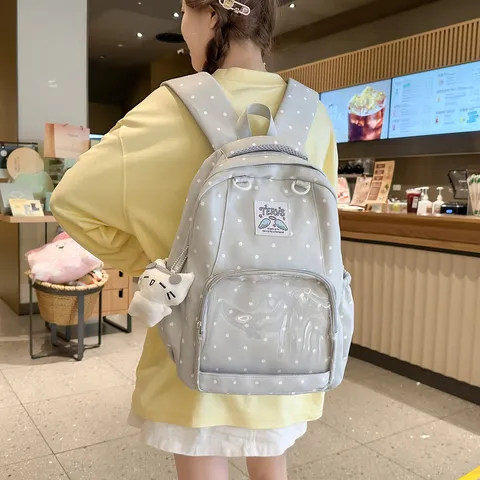 Japanese Style Polka Dot Ita Bag Nylon PVC School Backpack For Girls Student Transparent Front Pocket Casual Travel Daypack