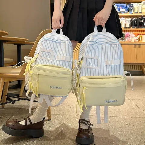 Japanese Fresh Cute Girls Backpack Striped Patchwork Nylon Waterproof Daypack Large Capacity Travel Schoolbag For Women
