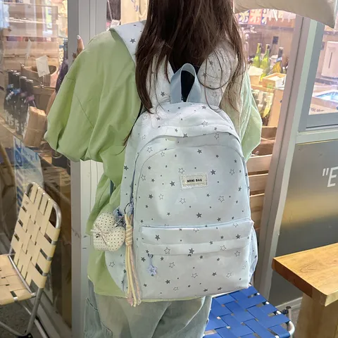 Japanese Style Ins Star Print Backpack For Teenage Girls Lightweight Waterproof Nylon School Bag With Heart Pendant Student Daypack