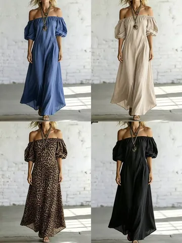 Damen Schulterfrei Puffärmel Maxi Kleid Elegant Polyester Bedruckt A-Linie Großer Schwung Urlaub Strand Party Langes Kleid