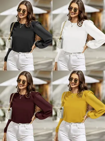 Damen Einfache Rundhalsausschnitt Langarm Bluse Elegant Polyester Einfarbig Büro Pendler Top Schlankmachend Drape Arbeitshemd