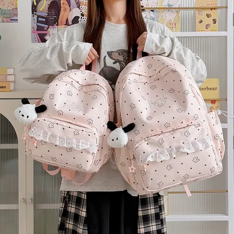 Japanese College Style Lace Backpack For Girls Fresh Star Polka Dot School Bag Waterproof Nylon Student Rucksack With Cute Doll Charm