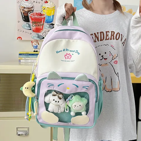 Japanese Kawaii Ita Bag Backpack For Women High Capacity Nylon School Bag Large Schoolbag Cute Cat Ear Design With Transparent Window Pendants Patchwork Travel Bag